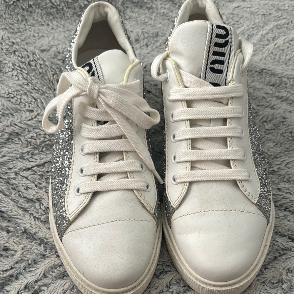 Miu Miu Women's White and Silver Sneakers